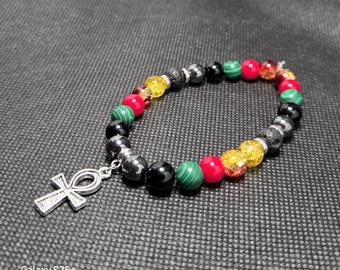 Aura Talisman Bracelet - Power Pride Ankh - Natural Hematite, Obsidian, Malachite, Red Coral, Lava Stone & Glass - Stretchy - Handmade