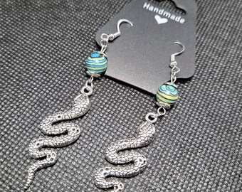 Snake Earrings - Malachite - Blue - One Pair - Handmade