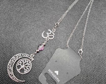 Crescent Moon, Tree of Life &  Ohm - Gray/Pink - Pendant Necklace - One - Handmade
