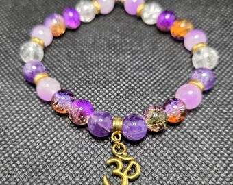 Aura Talisman Bracelet - Golden Ohm - Protection/Peace - Natural Amethyst, Quartz, & Varied Glass - Stretchy - Handmade