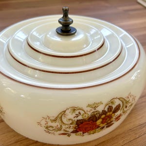 1970s Earthtone Floral Milk Glass Ceiling Light Shade | Mid-Century Retro Globe Cover