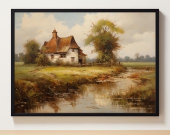 Vintage European Cottage Ölgemälde, Landlandschaftsdruck, rustikale Bauernhauswandkunst, antiker Landdruck, herunterladbare druckbare Wandkunst