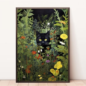 Garten Katze Poster, Blumen Katze Poster, schwarze Katze Kunst, Blumendruck, Katzendruck, Katzengeschenk, Wohnkultur Poster