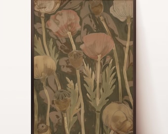 Poppy Flowers Pattern Print, Neutral Abstract Floral Oil Painting, Art Nouveau Art, Muted Botanical Wall Art, Gallery Wall Art