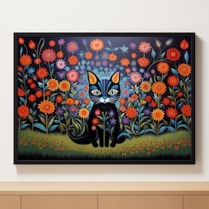 Tuinkatprint, bloemenkatposter, zwarte kattenkunst, bloemenprint, kattenprint, kattencadeau, home decor poster, kattenposter