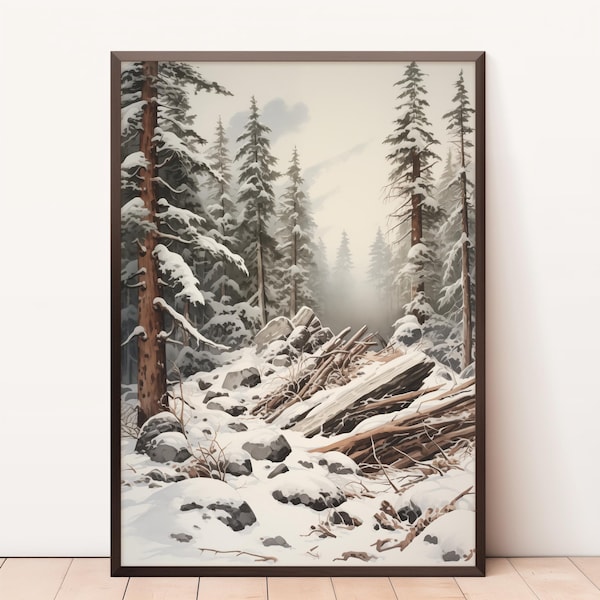 Vintage Winter Alpine Landscape Scenery Art | Country Pine Trees Painting | Christmas Wall Art | Christmas Prints | Vintage Holiday