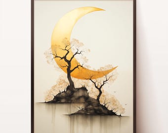 Winter Poster | Dark Yellow Moon Watercolor | Black Tree Print | Boho Wall Art | Mid Century Modern Prints | Boho Home Decor Neutral