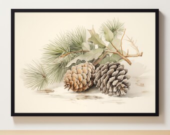 Könnte beinhalten: Ein Aquarellbild eines Kiefernastes mit zwei Zapfen. Die Zapfen sind braun und grau und der Ast ist grün. Der Hintergrund ist hellbeige.