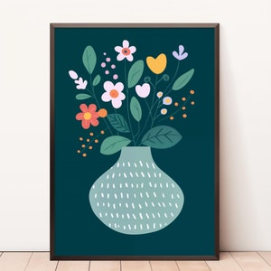 Jarrón con estampado de flores, ilustración Art Nouveau, ilustración colorida, decoración de pared minimalista boho, arte de carteles, arte de pared plana