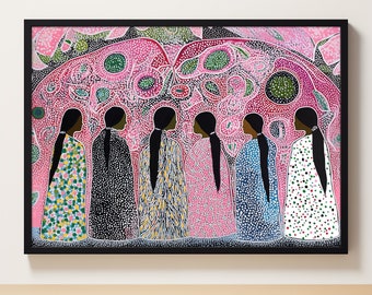 May include: A framed painting of seven women standing in a row. The women are all wearing colorful patterned dresses and have long black hair. The background is a pink and green abstract design.