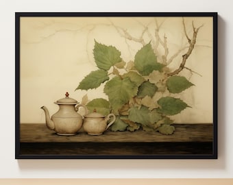 Kitchen Art | Leaves Still Life | Printable Artwork | Vintage Style Oil Painting | Vintage Kitchen Still Life Painting | Printable Art