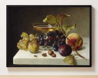 Bodegón de vino de frutas / Decoración de granja / Impresión de arte vintage / Descarga digital / Pintura de cocina vintage / Impresión de bodegones antiguos