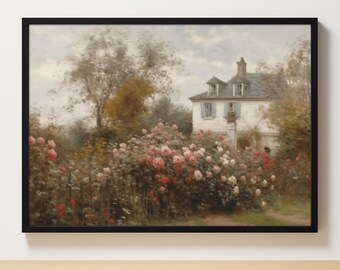 House and Roses Print | Cottage Oil Painting | Rose Garden Wall Art | Summer Vintage Muted Print | Impressionist Print | PRINTABLE Digital