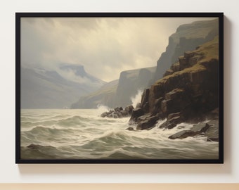 Pintura de acantilados / Paisaje marino tormentoso / Impresión costera vintage / Arte de paisaje marino antiguo / Arte de paleta silenciado / Descarga imprimible