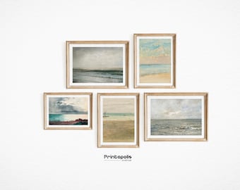 PRINTABLE Art Coastal Neutral Vintage Sailboat Beach Prints | Gallery Wall Set of Five Paintings | Lake House Downloadable Wall Art