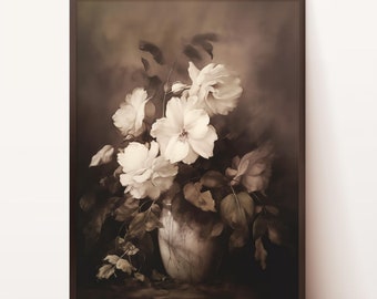 Moody Vintage Still Life | White Flowers Watercolor | Moody Tonalism Flower Print | Dark Floral Still Life Oil Painting | Romantic Scene
