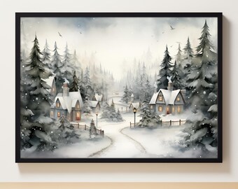 Könnte beinhalten: Ein Aquarellbild eines verschneiten Winterdorfes, eingebettet in einen Wald. Die Häuser sind weiß mit schneebedeckten Dächern und haben warme, leuchtende Fenster. Die Bäume sind hoch und mit Schnee bedeckt, und der Weg, der zum Dorf führt, ist gewunden und schneebedeckt.