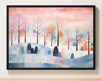 Paisaje de invierno / Pintura de paisaje nevado / Escena de invierno / Arte de pared de Navidad / Pinos de nieve / Impresiones de Navidad / Descarga digital