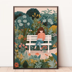 Girl Reading Print, Garden Illustration, Colorful Garden Art, Children&#39;s Book Illustration, Poster Art, Flat Composition Wall Art
