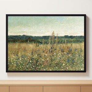 Vintage Farm House | Neutral Vintage Print | Spring Print | Wildflower Field Painting | Country Field Wall Art | Oil Painting Printable