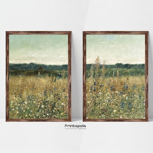 ensemble d’art mural imprimable vintage, ensemble de champs de fleurs sauvages de 2 estampes, art mural vintage country 2 pièces, peinture de paysage