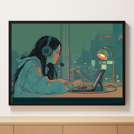 Girl With Headphones Print, Studying Girl Poster, Japanese