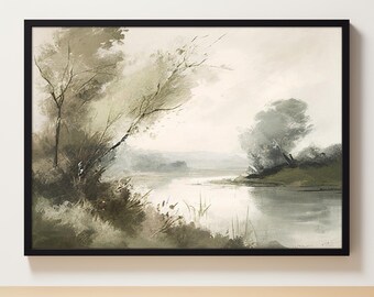 農家の装飾 | アンティークアートプリント | 川の風景画 | キャビンの装飾 | 木と雲 | 田園風景 | ビンテージ風景プリント