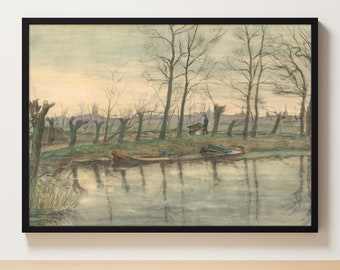 Digital Download | River Landscape | Farmhouse Etching | Farmhouse Decor | Vintage Tree Art | Neutral Rustic Wall Art Set | Tree Drawing