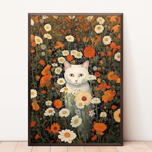 May include: A white cat with yellow eyes sits in a field of white and orange flowers. The cat is surrounded by green foliage and the flowers are in full bloom.