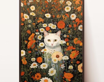 Garden Cat Print, Flowers Cat Poster, White Cat Art, Floral Print, Cat print, Cat gift, Home decor Poster