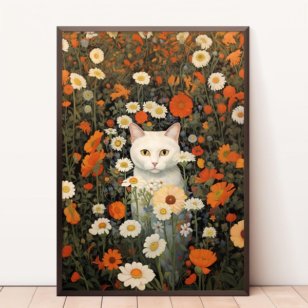 Impression de chat de jardin, affiche de chat de fleurs, art de chat blanc, impression florale, impression de chat, cadeau de chat, affiche de décoration d'intérieur