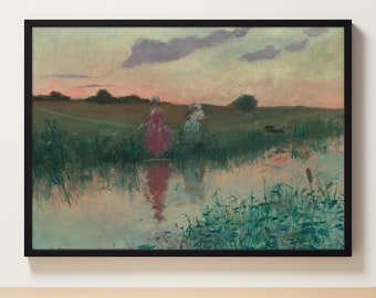 Paisaje fluvial / Moody Botany Cottagecore / Decoración de pared / Pintura al óleo / Descarga digital imprimible / Paisaje al atardecer / Decoración de granja