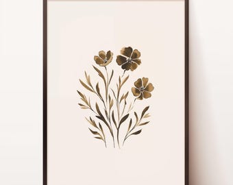 Brown Botanical Spring Flower Print, Muted Wildflower Painting, Neutral Printable Wall Art , Neutral Wall Art, Vintage Inspired Floral