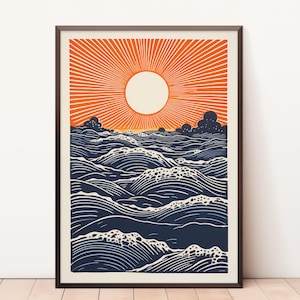 Stampa Alba con onde, stampa linoleografia, arte con linee ondulate, poster xilografico, download digitale, linee minimaliste, disegno astratto