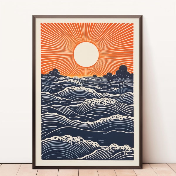 Sunrise with Waves Print, Linocut Print, Wavy Lines Art, Woodcut Poster, Digital Download, Minimalist Lines, Abstract Line Drawing