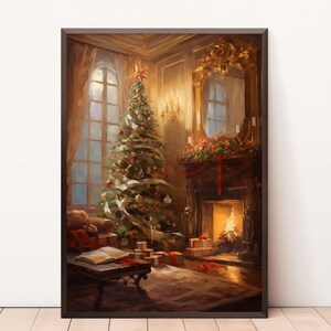 Vintage Christmas Wall Art, Christmas Tree Printable, Christmas Oil Painting, Fireplace Wall Art, Academic Painting, Classical Style Xmas