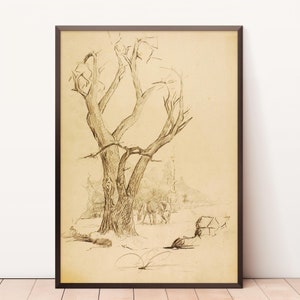 Tree Drawing | Landscape Sketch | Vintage Drawing | Tree Sketch | Gallery Wall Art | Antique Sketch