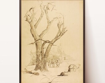 Boomtekening | Landschapsschets | Vintage tekening | Boomschets | Galerij kunst aan de muur | Antieke schets