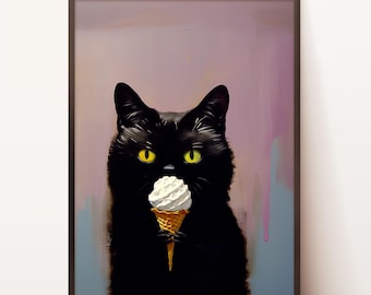 Chat avec impression de crème glacée, affiche de chat drôle, Art de chat noir, impression drôle, impression de chat, cadeau de chat, affiche de décoration