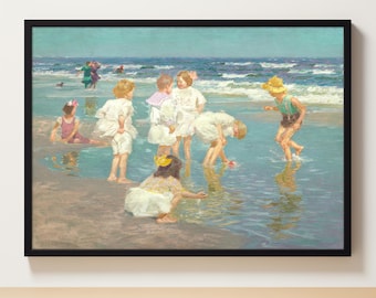 Vintage Summer Painting | Children Beach Wall | Art Kids Playing | Painting Farmhouse Children | Wall Art Shoreline Summer | Landscape Art