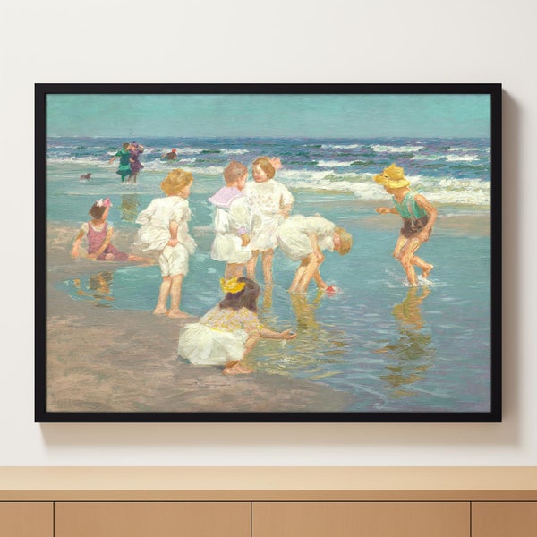 Vintage Summer Painting | Children Beach Wall | Art Kids Playing | Painting Farmhouse Children | Wall Art Shoreline Summer | Landscape Art