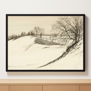 Etching of a Serene Landscape with Trees in Winter | Rustic Winter | Neutral Antique PRINTABLE