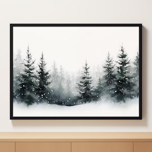 Pintura de bosque de invierno, impresión navideña, arte de pared imprimible, decoración navideña, paisaje de invierno nevado, árboles de hoja perenne, pintura de acuarela