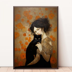 Woman with Cat Print, Flowers Cat Poster, Black Cat Art, Floral Print, Cat print, Cat gift, Home decor Poster