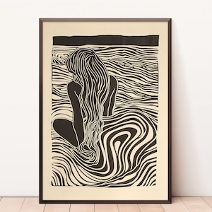 Impressão de mulher em uma onda do oceano, arte em xilogravura, arte com linhas onduladas, pôster de formas orgânicas, download digital, linhas minimalistas, desenho de linha abstrata