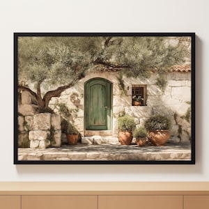 Rustic Mediterranean Stone Cottage Wall Art Print, Olive Tree, Green Door & Terracotta Pots, Digital Download, Boho Farmhouse Decor