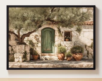 Rustic Mediterranean Stone Cottage Wall Art Print, Olive Tree, Green Door & Terracotta Pots, Digital Download, Boho Farmhouse Decor