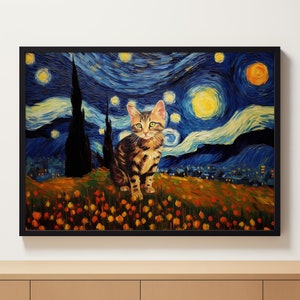 Nachtkatzendruck, Katzenposter, getigerte Katze Kunst, Katzendruck, Katzengeschenk, Wohndekor Poster