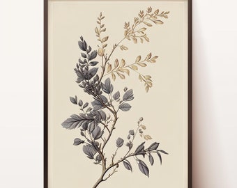 ビンテージ植物スケッチ | ホームデコレーション | 縦向きの花の絵 | ダウンロード可能なプリント | ニュートラルな枝のスケッチアート | 水彩画