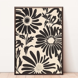 Flowers Poster, Abstract Botanical, Digital Download, Wall Print Black, Beige Abstract, Modern Print, Large Printable, Boho Printable Art